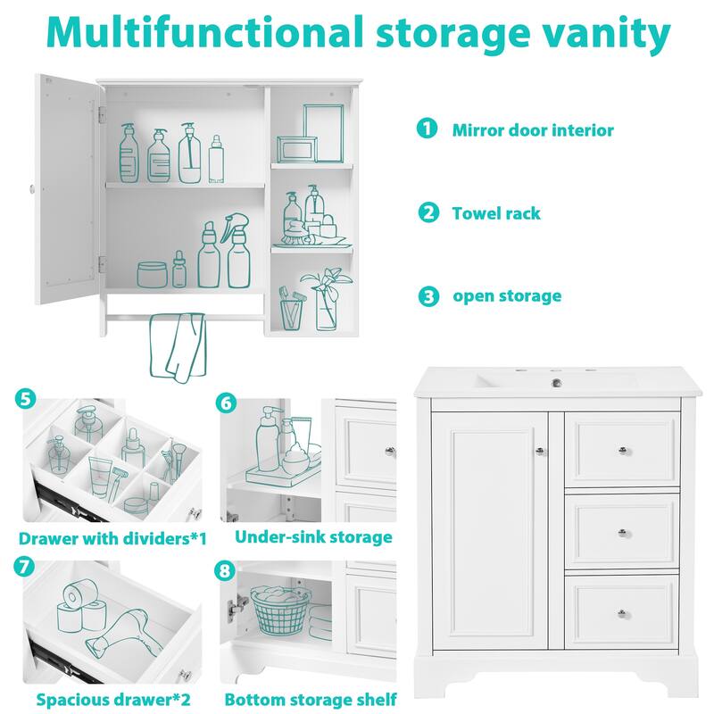 30-inch bathroom vanity with sink,with 3 drawers,adjustable shelves,freestanding vanity set with mirror cabinet,single sink