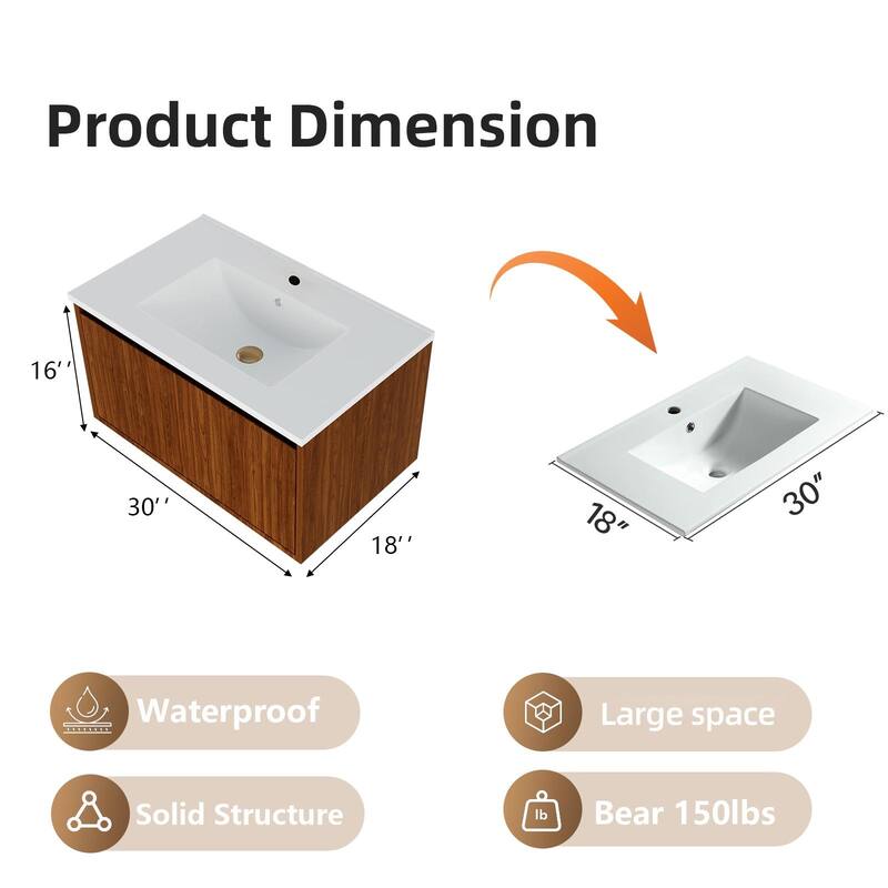 GDFStudio - Aero Modern Mid-Century Wall-Mounted Bathroom Vanity with Large Soft Close Drawer & Storage Spaces, WITHOUT Sink
