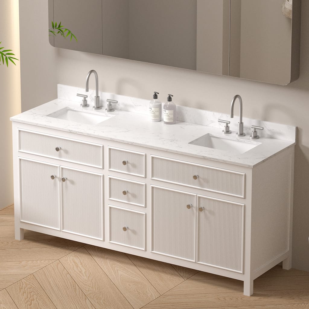 72 in Freestanding Bath Vanity Quartz Carrara White Countertop with Double Ceramic Undermounted Sink - 72-72