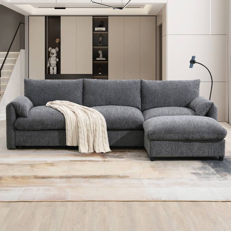 L-Shaped Sectional Chenille Sofa with Storage Ottoman, Phone Holder, USB Charger, Elephant Ear-Shaped Armrests and Pockets