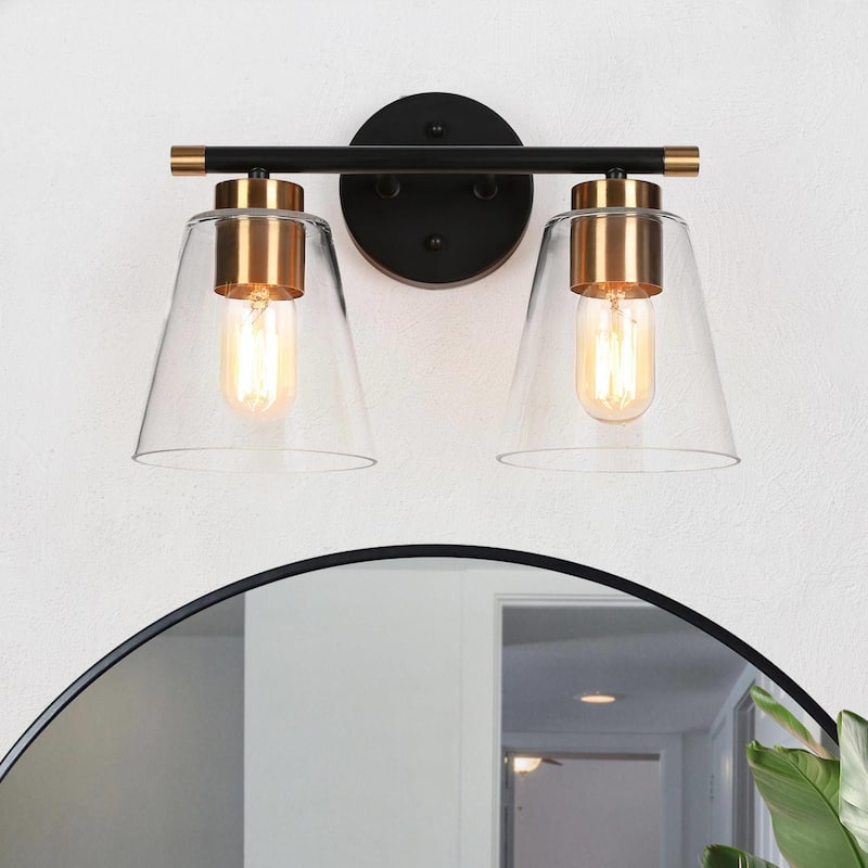 Fnly Modern Contemporary 2-light Black Gold Bathroom Vanity Light LED Dimmable Sconce with Clear Glass - Black&Gold