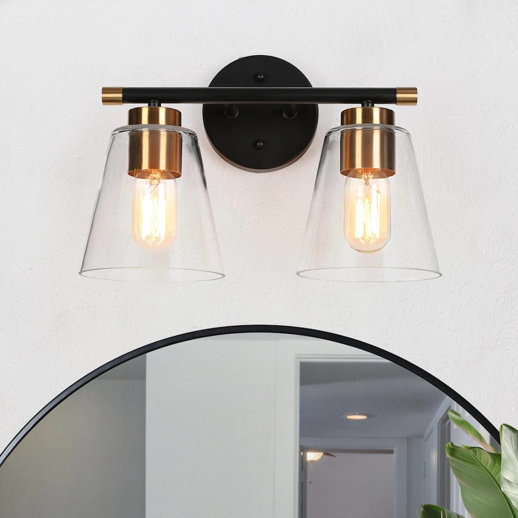 Fnly Modern Contemporary 2-light Black Gold Bathroom Vanity Light LED Dimmable Sconce with Clear Glass