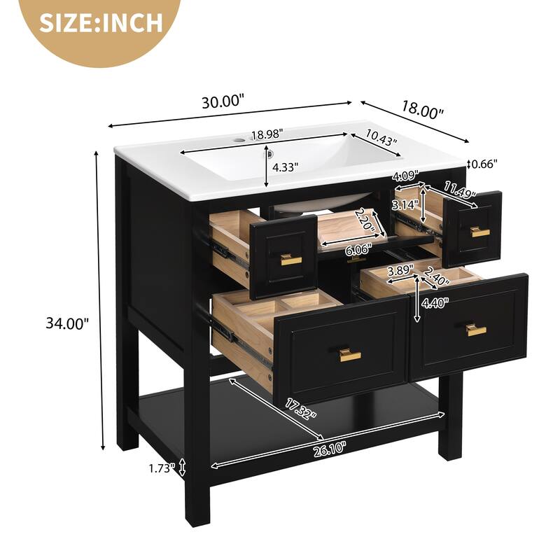 Retro Carved Pattern Vanity for Bathroom Single Sink Storage Cabinet with 5 Drawers, 1 Open Shelf and Gold Metal Handles
