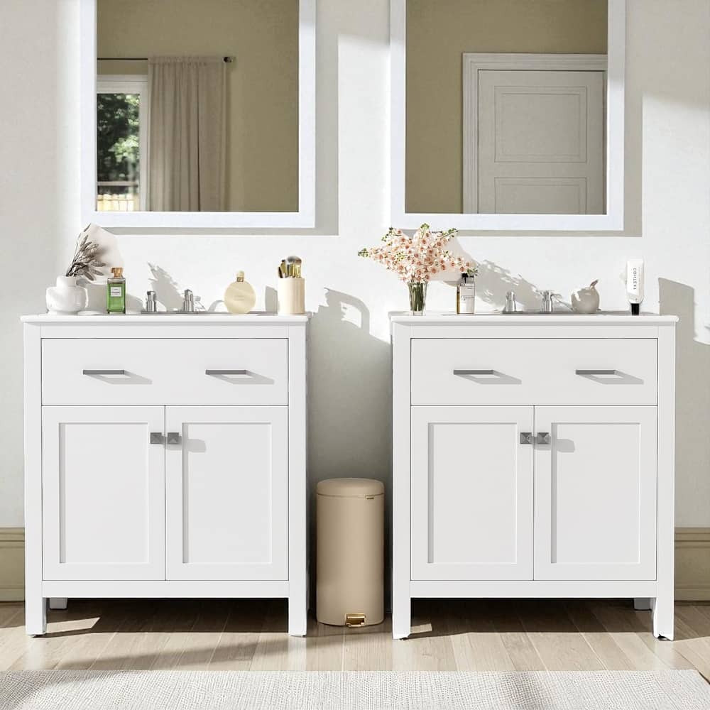 60'' Double Sink Bathroom Vanity with Ceramic Sinks, Solid Wood Frame, Flip Drawer, Adjustable Shelf, Soft-Close Doors