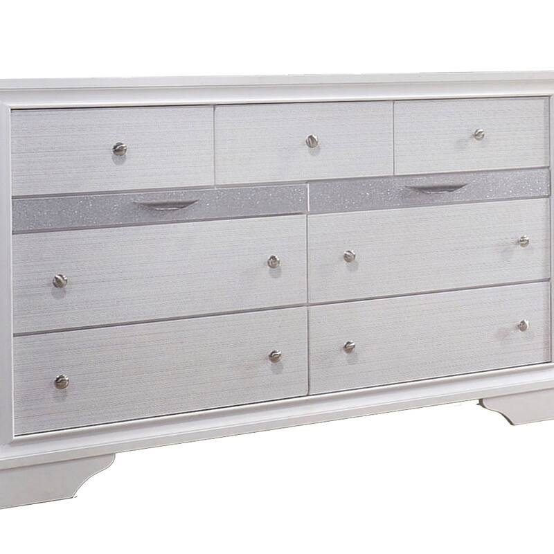 Wooden Dresser with 7 Drawers and 2 Jewelry Drawer, White and Silver