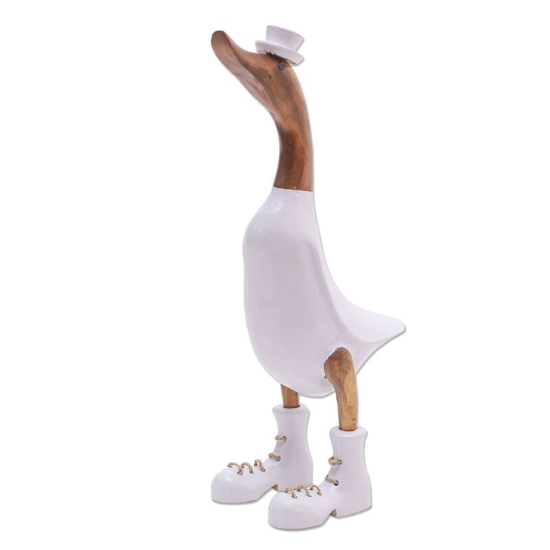 Handmade White Dapper Duck Bamboo Root And Wood Sculpture (Indonesia) - 16.5" H x 5" W x 7" D