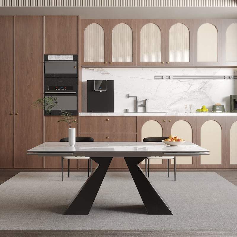 Extendable Rectangular Sintered Stone Double Pedestal Dining Table