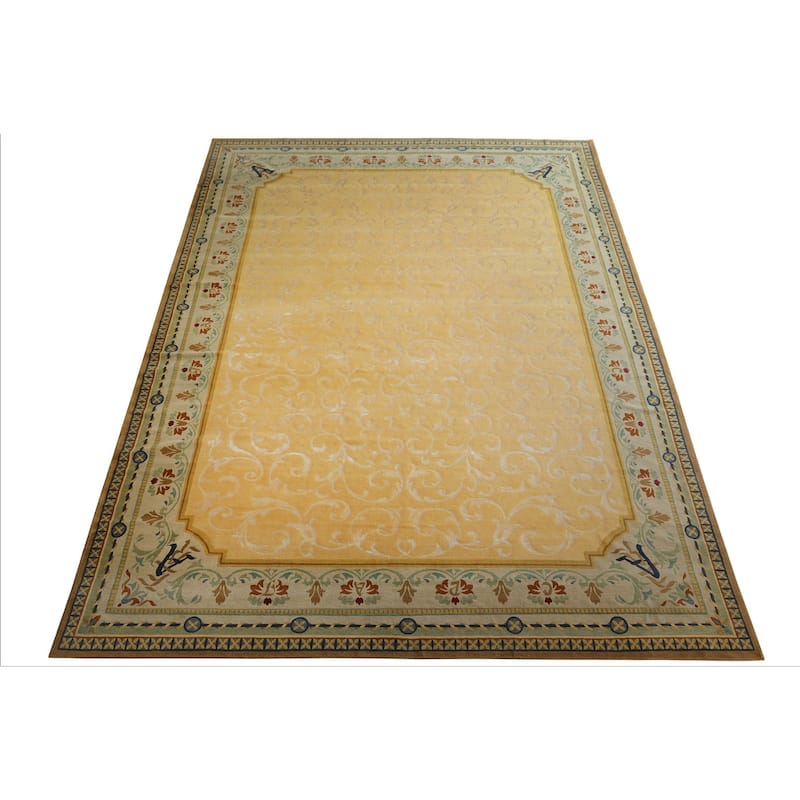 13'6''x21'4'' Oversize Hand Knotted Wool and Silk Light Gold Tibetan Rug - 13' 6'' x 21' 4''