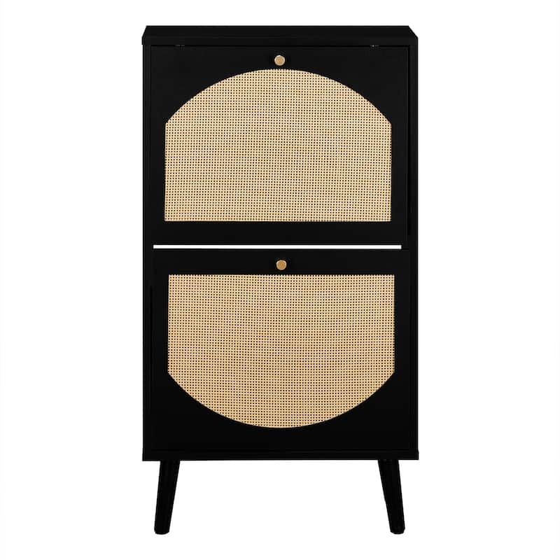 Black Flip Down Shoe Cabinet with Rattan Style Fronts Elevated Legs and Space Saving Storage for Home Entryway