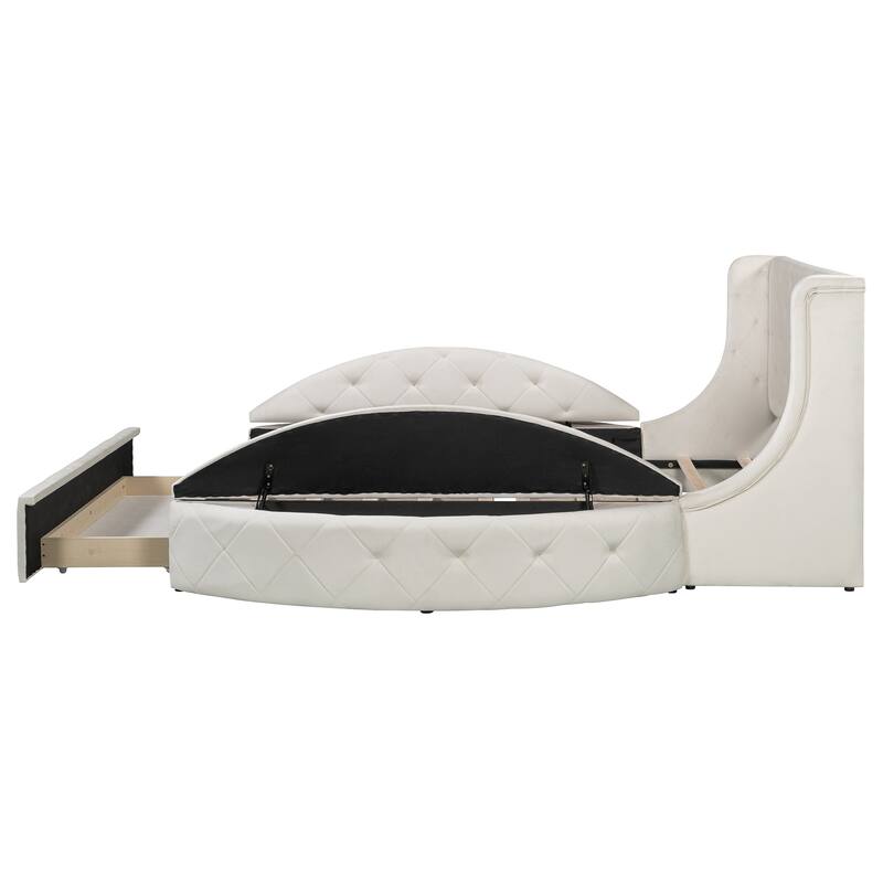 Queen Size Upholstered Platform Bed with Wingback Headboard, Storage Drawer, and Side Stools