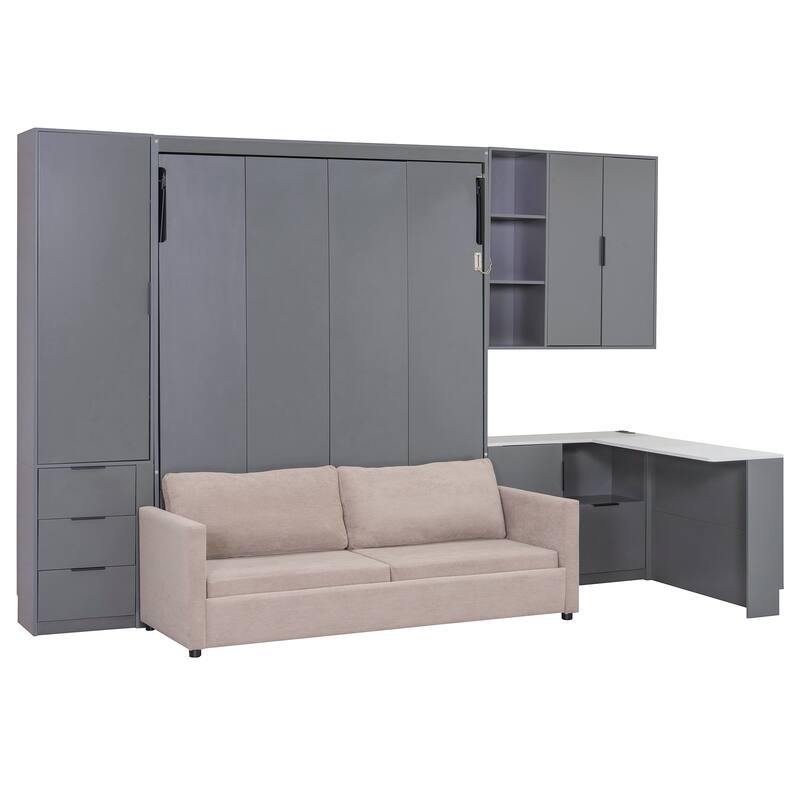 Queen Size Murphy Bed with Sofa, Space Saving Wall Bed with Desk Storage Shelves and Drawers for Home Office Pull Down Bed