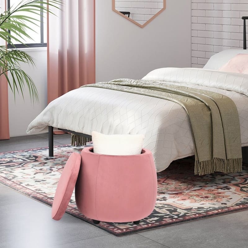 Adeco Velvet Round Storage Ottoman with Removable Lid, Footrest Stool
