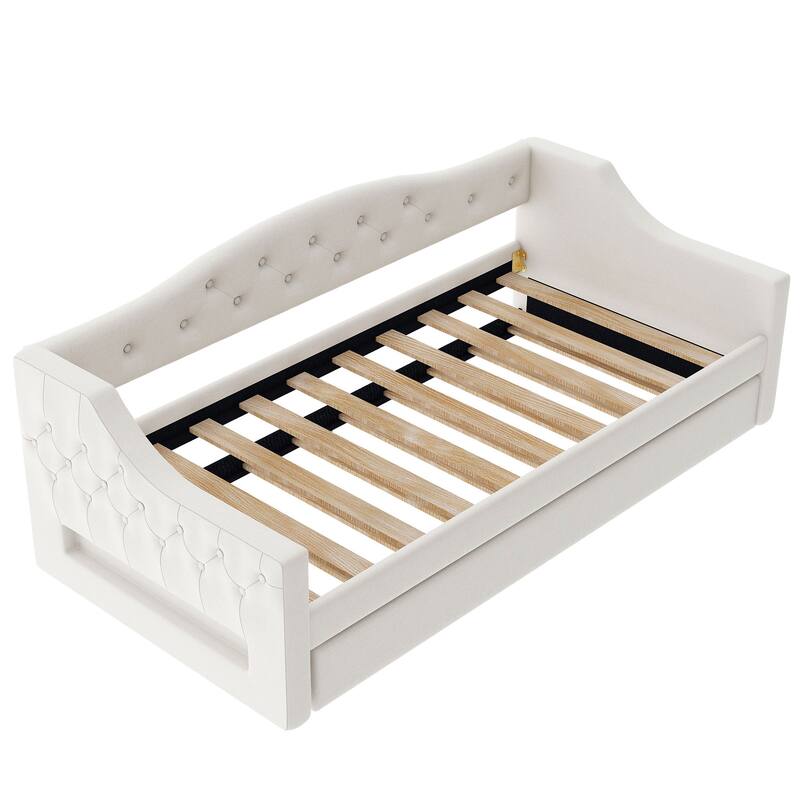 Twin XL Size Daybed, Pull-out Trundle Bed with LED Belt and Slats, Button Backrest Upholstered Platform Bed Frame