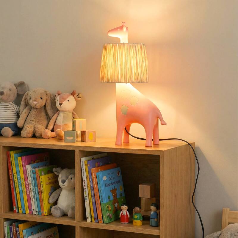 Giraffe Table Lamp with Handwoven Raffia Lampshade, LED Bedside Lamp with In-Line Switch, Resin Base