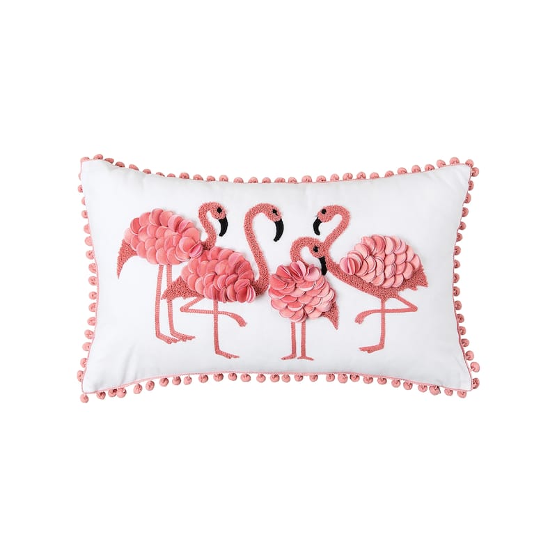 Flamingo Friends Dimensional Throw Pillow with Pom Poms