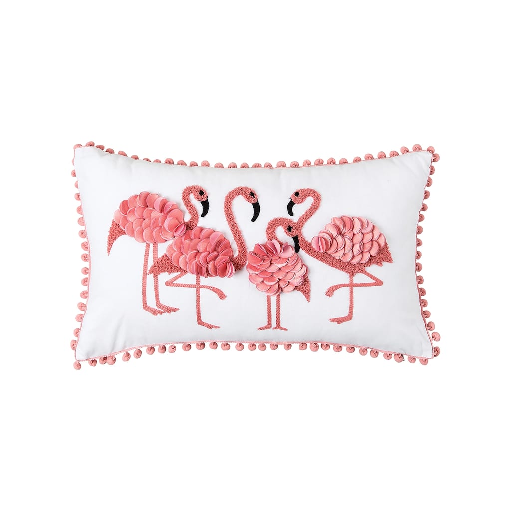 Flamingo Friends Dimensional Throw Pillow with Pom Poms