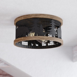 Kodiak 12-in W Black Rustic Round Cage Flush Mount Ceiling Light Fixture Tree Motif