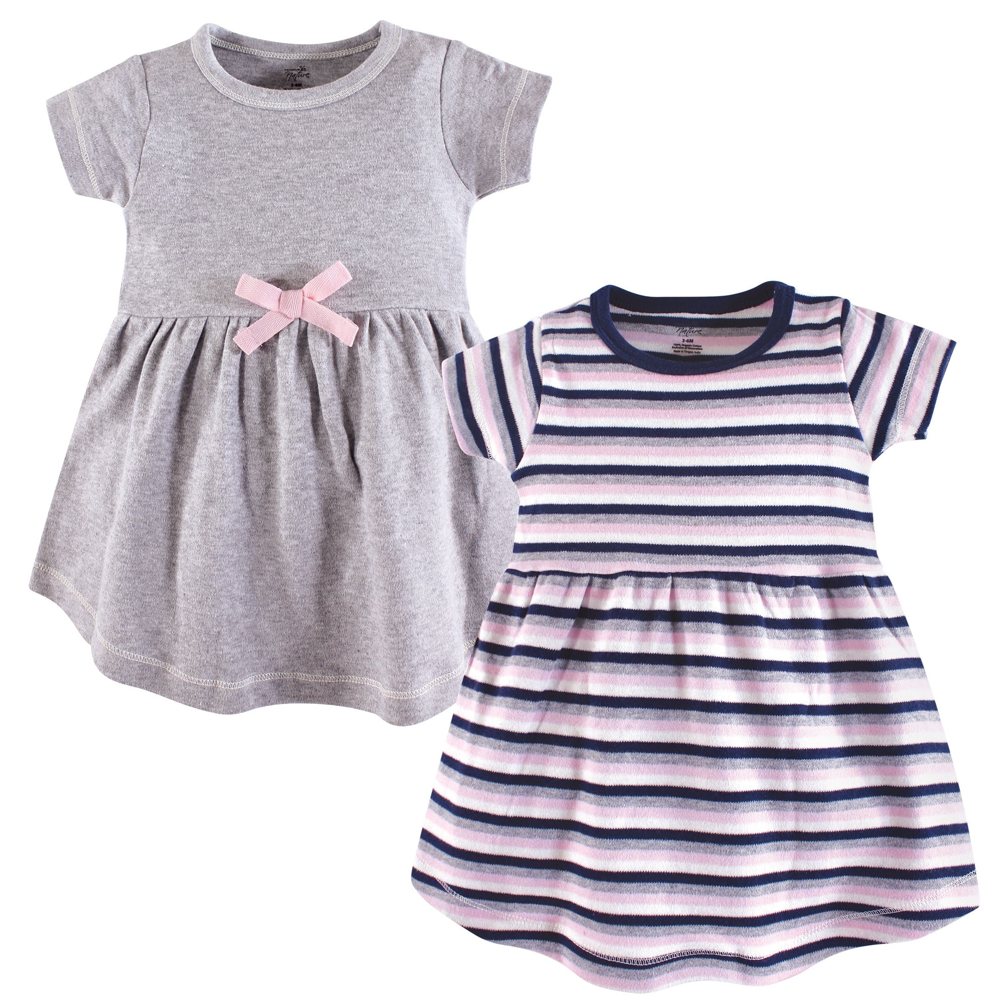 Touched by Nature Baby and Baby Girl Organic Cotton Short-Sleeve Dresses 2pk, Heather Gray Stripe