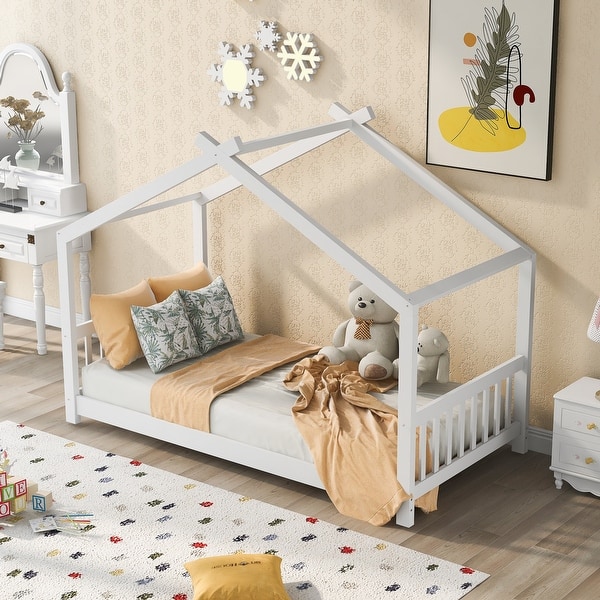 slide 2 of 10, Twin Size House Platform Bed with Roof Design, Pine Wood Frame, Open Concept with Headboard & Footboard for Kids Room, White