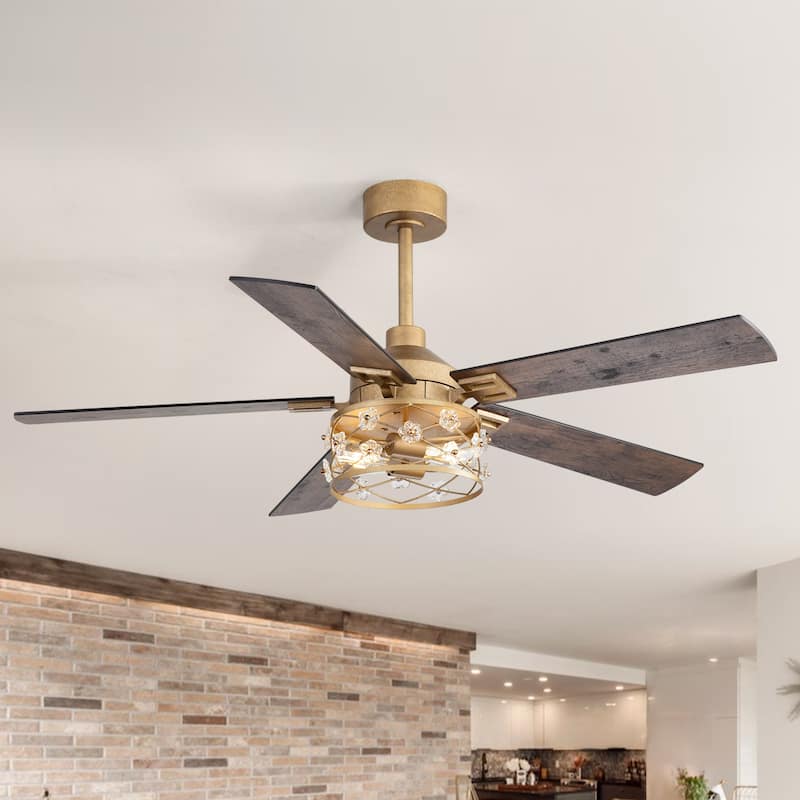 52" Reversible 5-Blade Farmhouse Glam Floral Glass Caged Ceiling Fan with Light and Remote