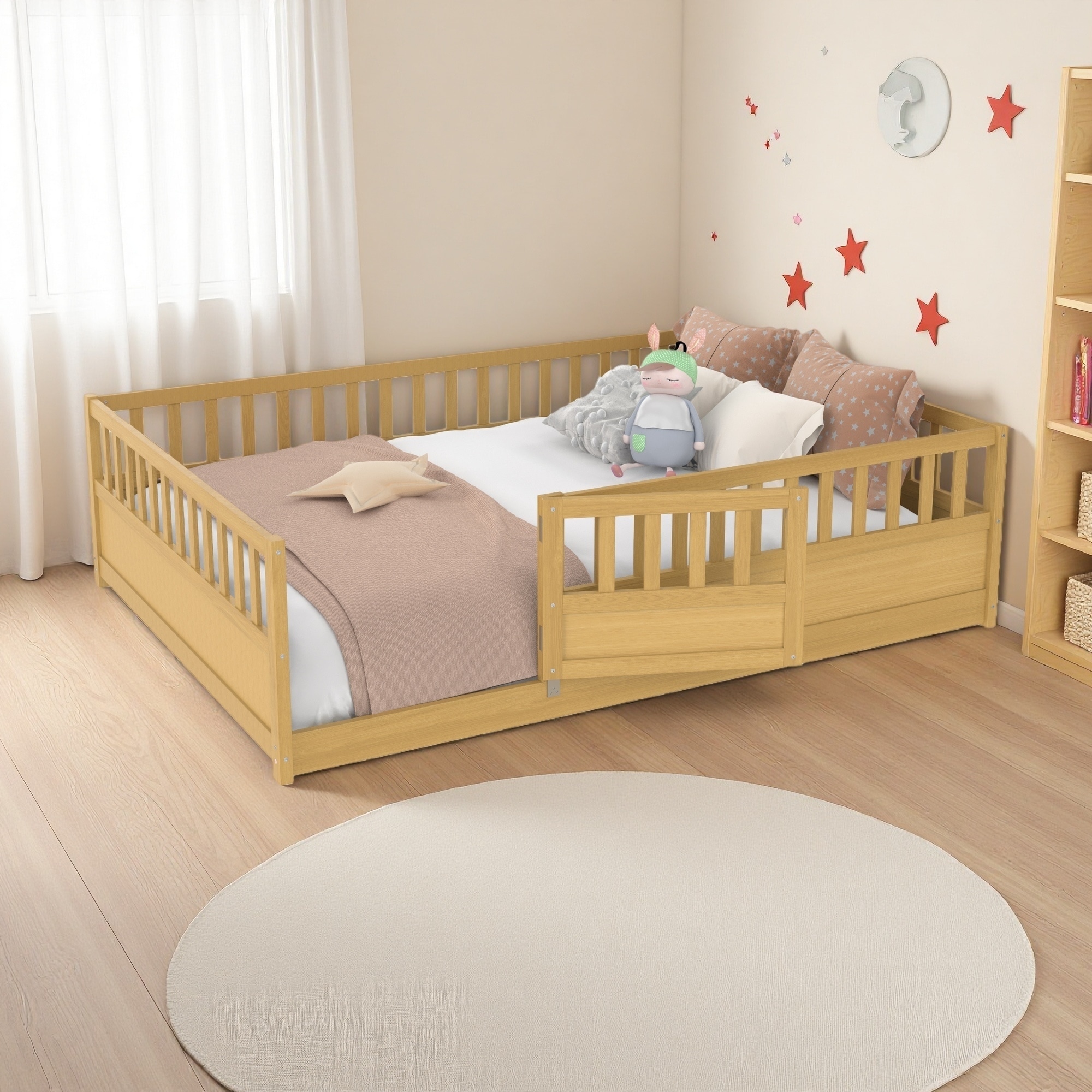Full Montessori Floor Bed Frame with Fence & Door