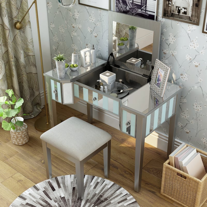Furniture of America Gema Glam Linen Fabric 2-Piece Makeup Vanity Set with Mirror