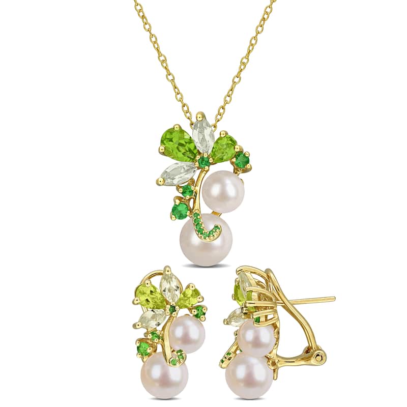 Miadora Sterling Silver Cultured Freshwater Pearl and Gemstone Necklace and Earring Set - Green