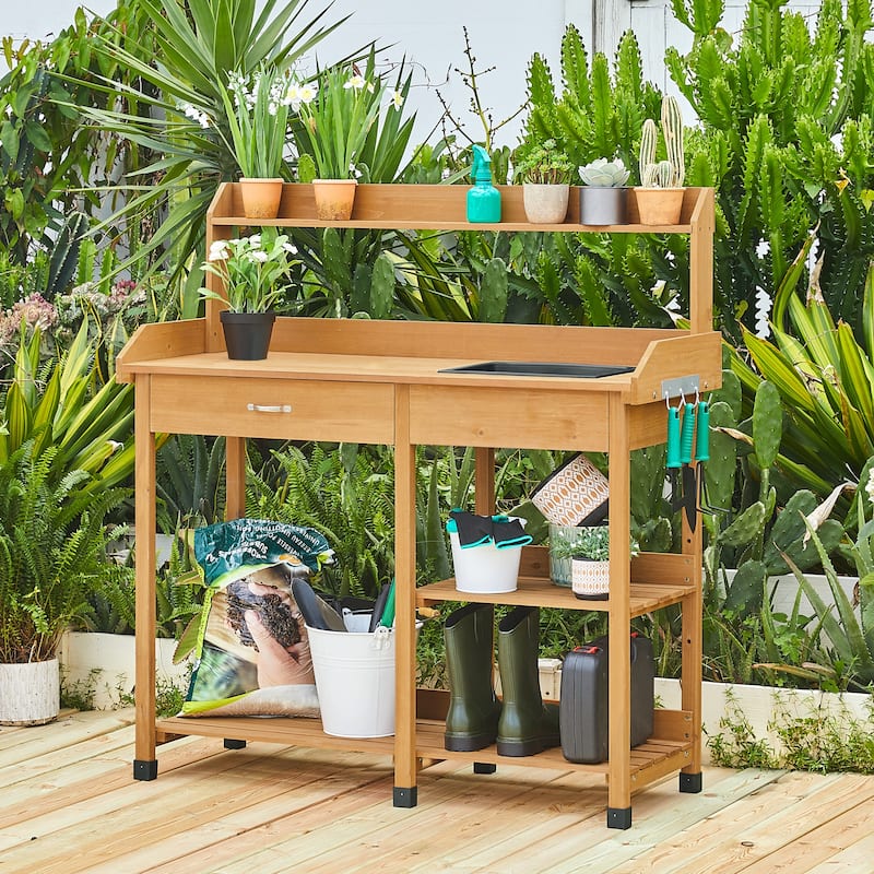 Yaheetech Garden Potting Bench Planting Bench with Sink Drawer Rack - Yellow