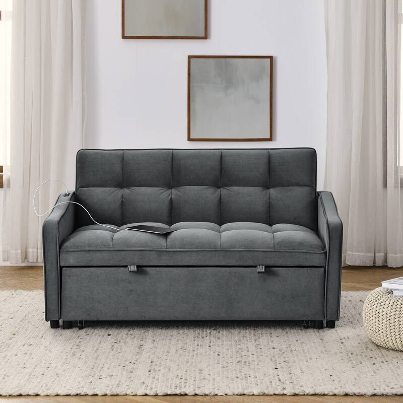 Modern 2-seat Sofa Bed with Pull-out Bed, Adjustable Back, Type C and USB Charging