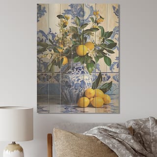 Designart "Greek Tiles Still Life Kitchen III" Boho Pottery Wood Wall Art - Traditional Wood Print on Natural Pine Wood