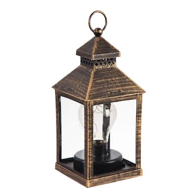 8.5"H Battery Operated Twinkling Light Bulb Lantern, Black with Brushed Gold, Set of 2