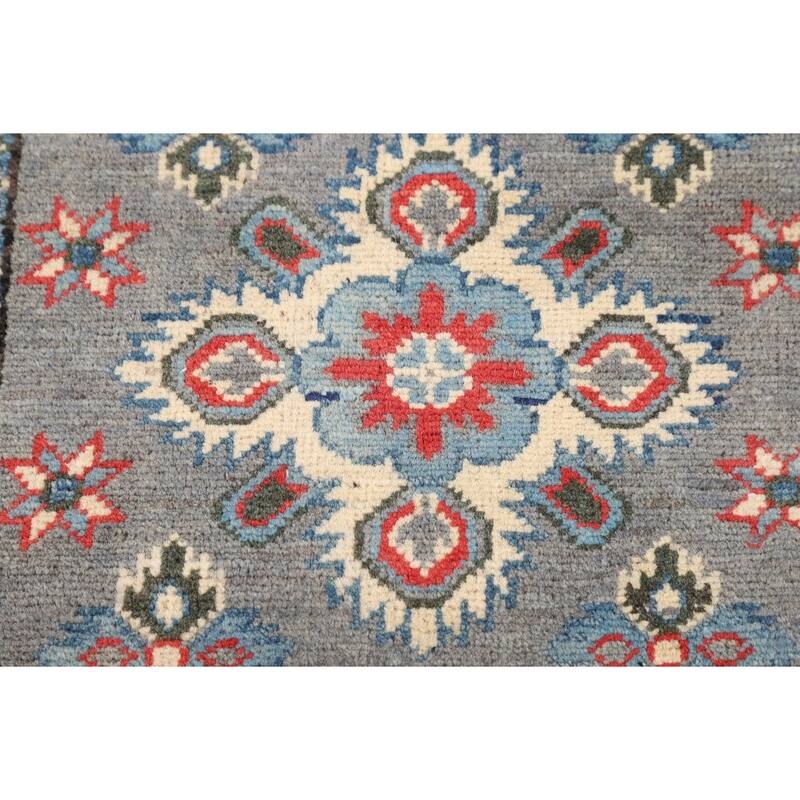 Geometric Grey Kazak Oriental Runner Rug Hand-Knotted Wool Carpet - 2'2" x 5'11"