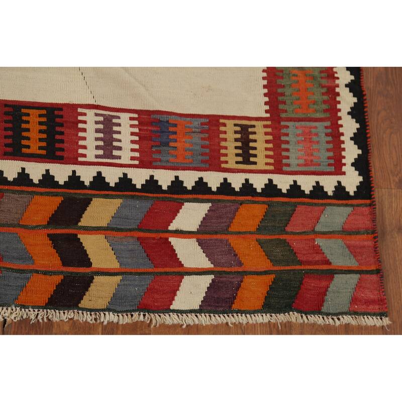 Vegetable Dye Kilim Qashqai Persian Antique Rug Flatweave Wool Carpet - 5'0"x 7'9"