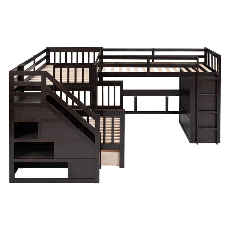 Twin-Twin over Full L-Shaped Bunk Bed With 3 Drawers, Portable Desk and Wardrobe