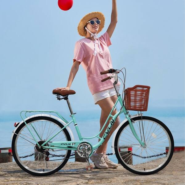 slide 11 of 11, Womens Beach Cruiser Bike-26 Inch Unisex Classic Bicycle with Basket Retro Bicycle - L68.9xH41.3 Green