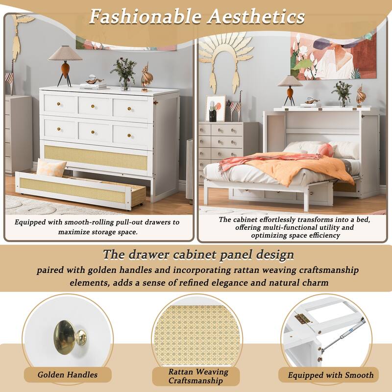 Convertible Full Size Murphy Bed Cabinet with Rattan Accents and Storage Drawer by Harper&Bright Designs