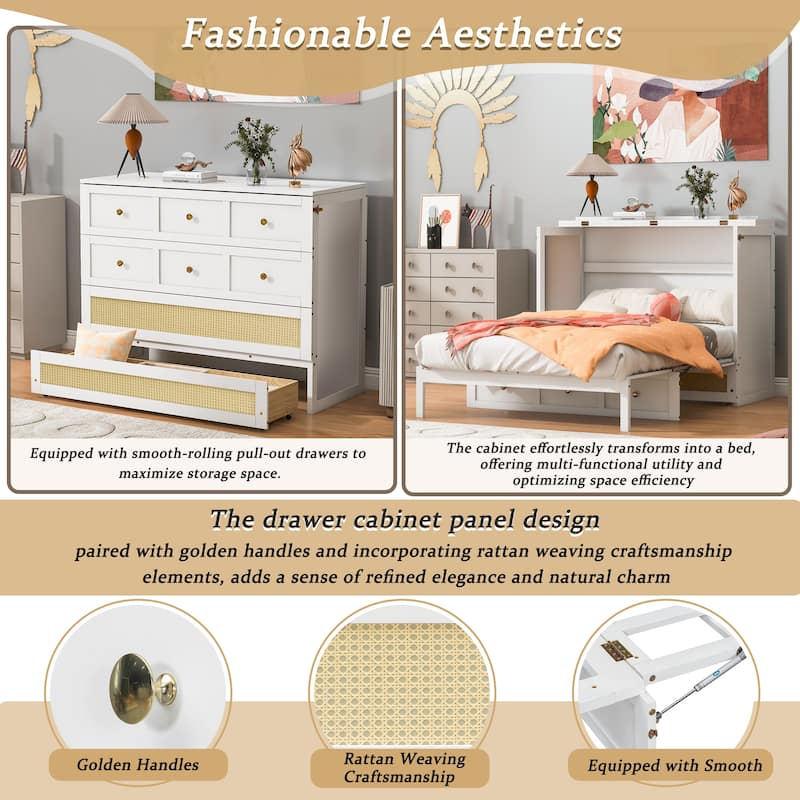 Full Size Murphy Bed with Large Storage Drawers, Space-Saving Foldable Wall Bed with Elegant Front Design