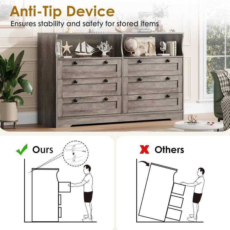 6 Drawer Dresser for Bedroom, 55" Wood Chest of Drawers with Charging Station, LED Lights and 2 Storage Compartments