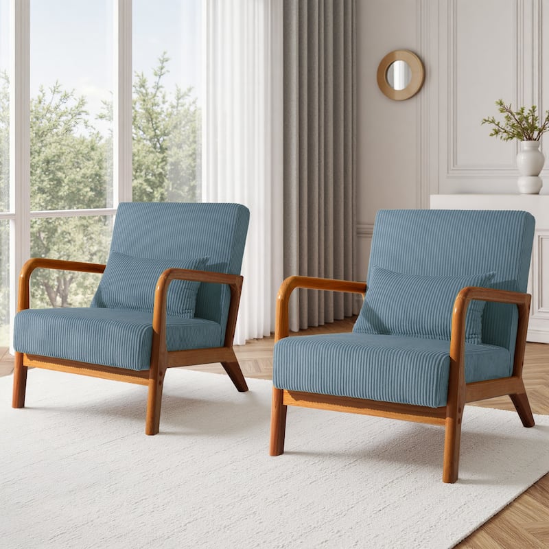 Uixe Mid Century Solid Wood Upholstered Corduroy Accent Chair - Blue-Set of 2