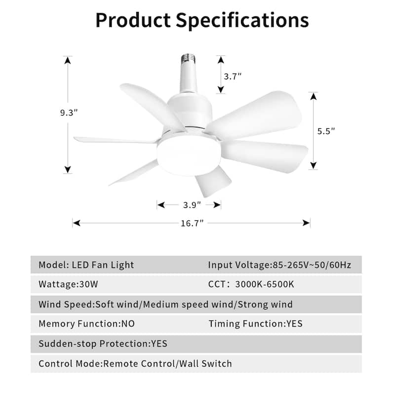 Ceiling Fan With Light Remote, 16.5" Socket Fans With Lights, 6 Blades For All Locations