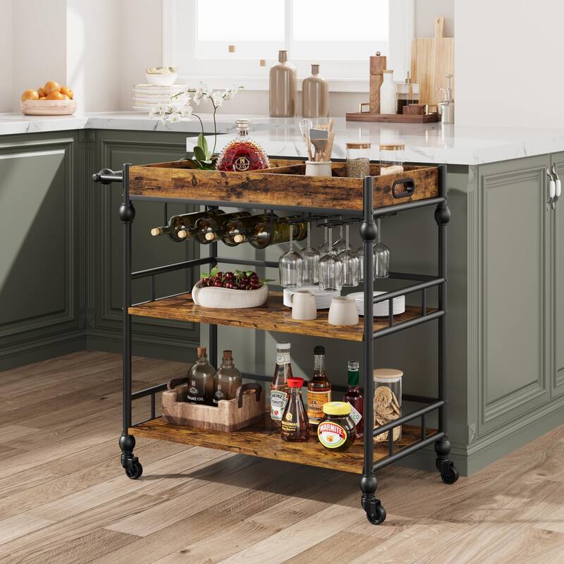 Farmhouse 3 Tier Bar Cart with Removable Tray for Kitchen - 15.7"D x 35.4"W x 34.1"H