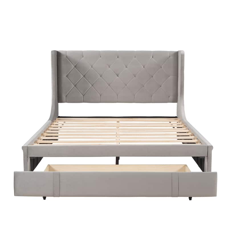 Queen Upholstered Platform Bed with Wingback Headboard and Drawer