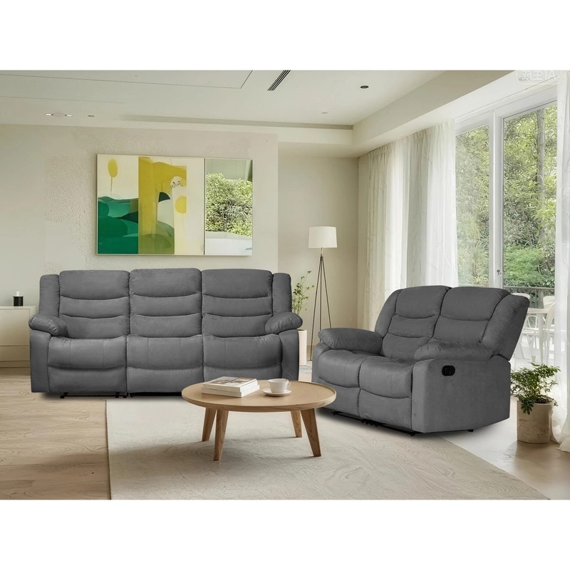 2-Piece Manual Reclining Sofa Set, Grey Suede Upholstered 3-Seat Sofa & Loveseat with Cup Holders, Living Room Furniture Set