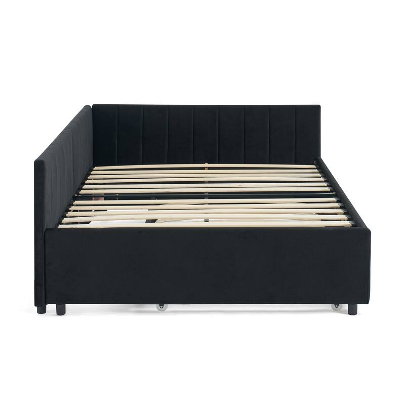 Roomfitters Full Velvet Daybed with Trundle, Upholstered Sofa Bed Frame with Backrest and Armrests, Black