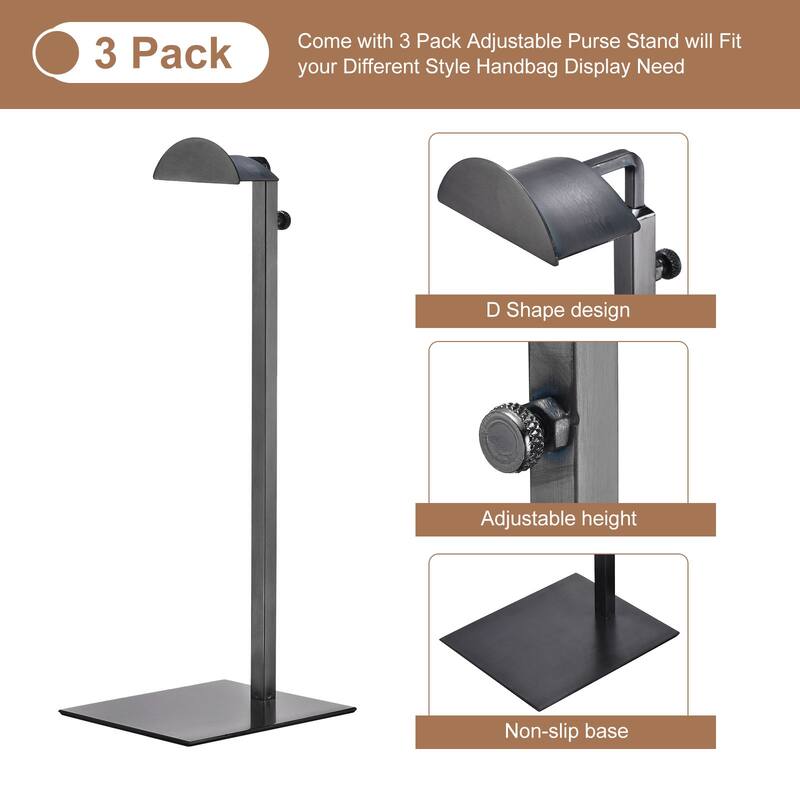 Purse Display Stand Set 3 Pack Metal Adjustable Handbag Rack - Black