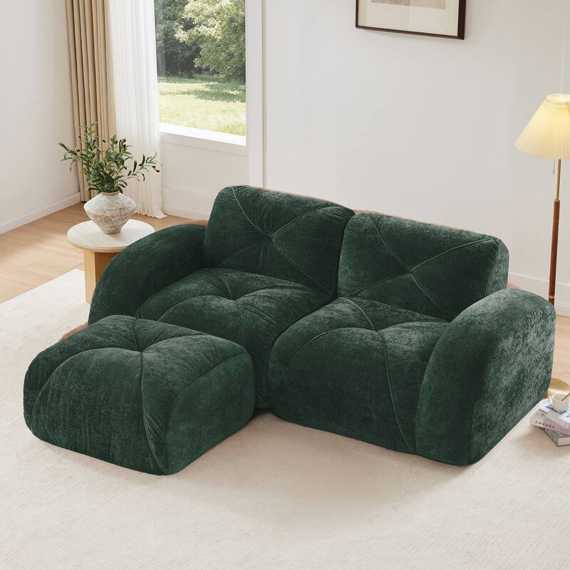 Rossetta 80'' Ergonomic Design Soft Velvet L-Shaped Boneless Sofa with 1 Movable Ottoman - Green