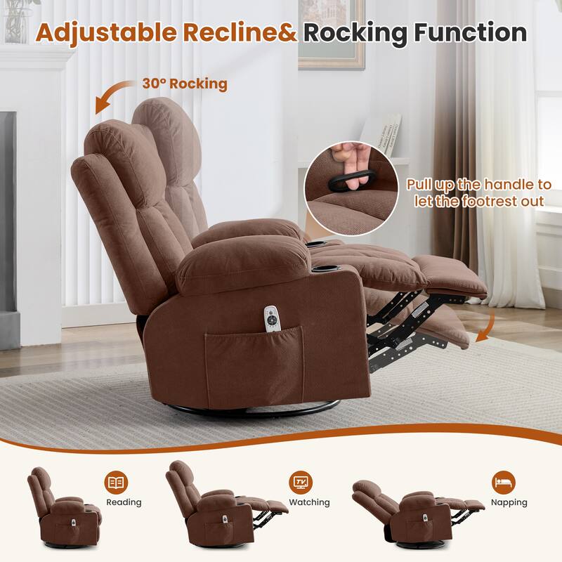 Swivel Rocker Recliner with Vibration Massage Heat USB Port Cup Holders