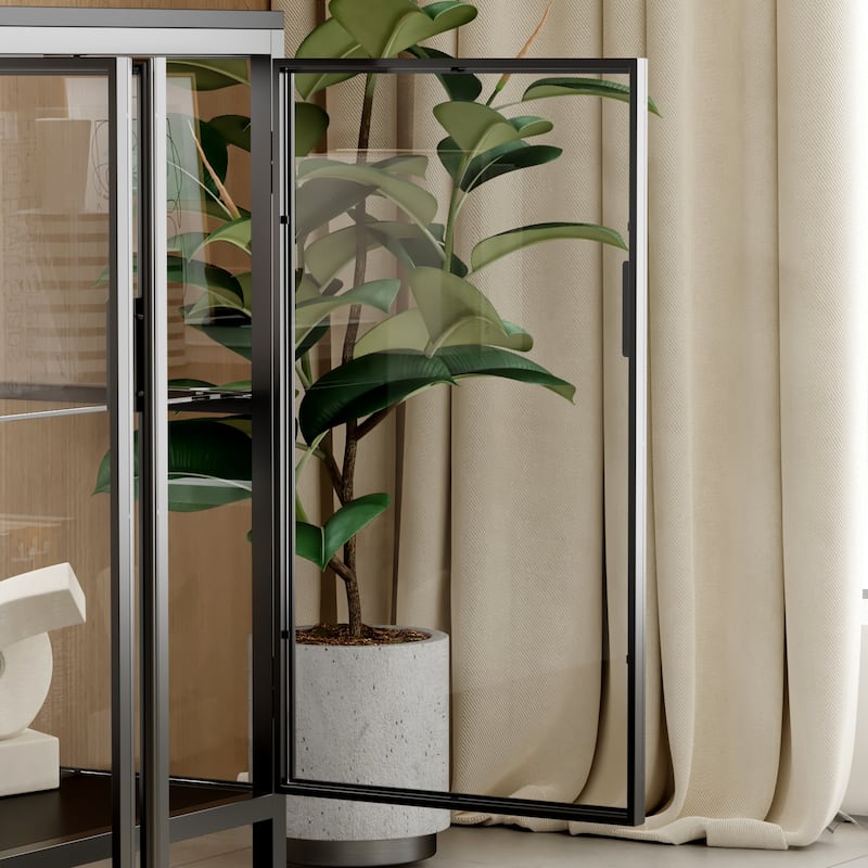 Modern Black Glass Storage and Display Cabinet: Adjustable Lighting, Ample Storage & Stylish Design