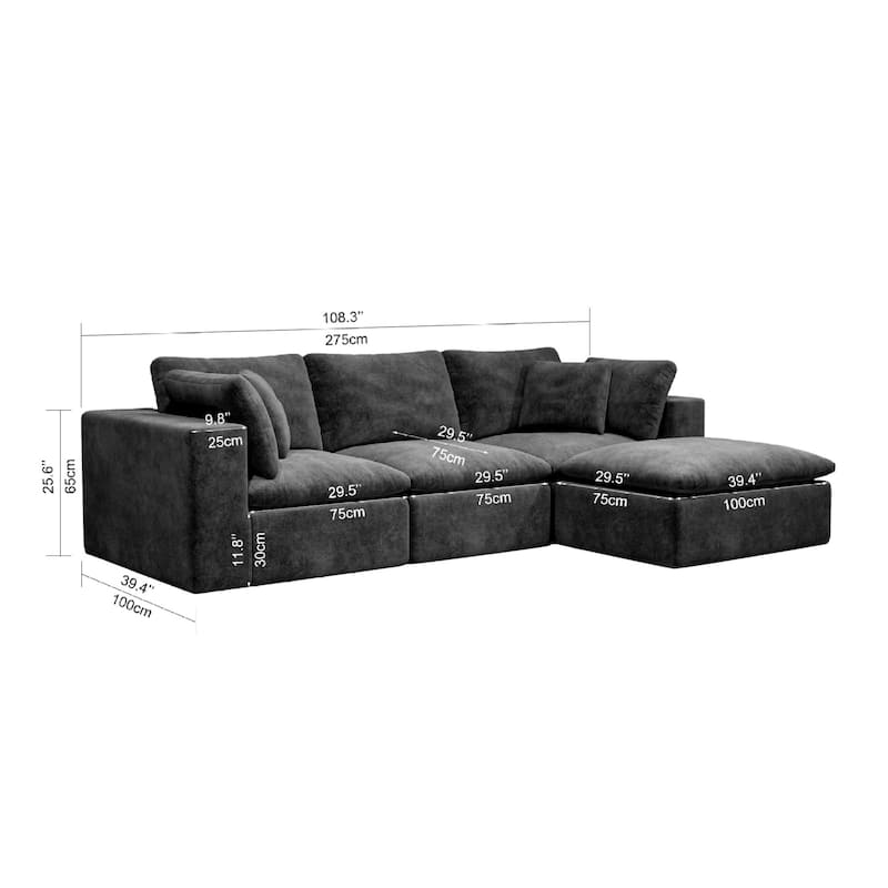 Roomfitters 108.3" Modular Sectional Sofa, 4-Piece Compressed Cloud Couch, No Assembly Required, Plush Corduroy, Grey