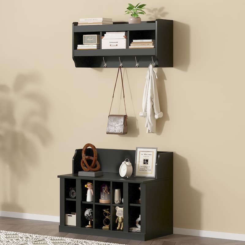 Shoe Storage Bench with Shelves & 4 Hooks - Wall Mounted Hall Tree - Black